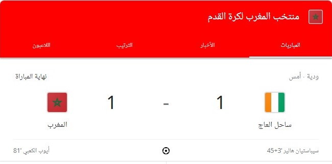 تعادل منتخب المغرب مع ساحل العاج (كوت ديفوار) 1-1 في المباراة الودية الدولية التي أقيمت على ملعب فيليكس هوفويه بوانيي في أبيدجان مساء السبت.